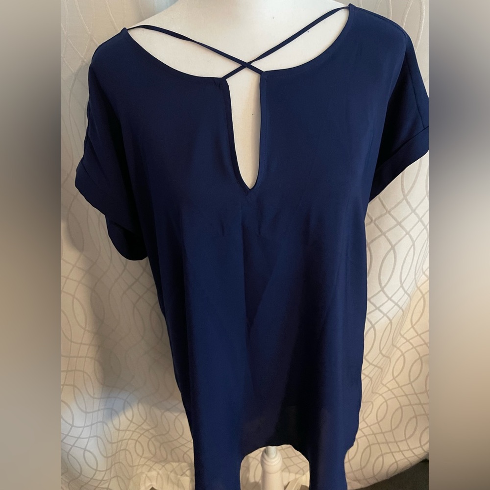 Express blue shirt sleeve blouse with cross cross chest detail SZ L
